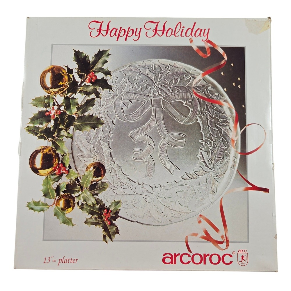 Vintage Arcoroc Happy Holiday 13" Glass Christmas Platter France Original Box